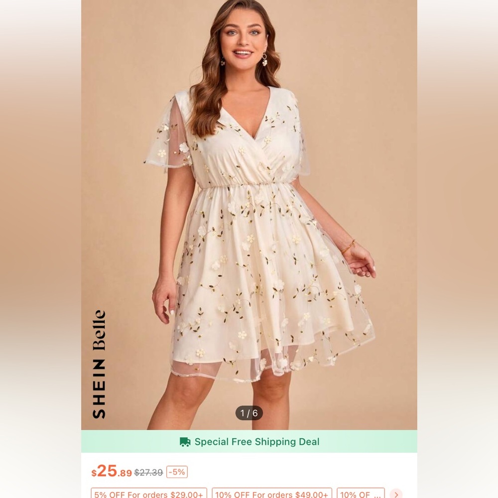 Shein curve 4xl embroidered flower cream off white ivory dress